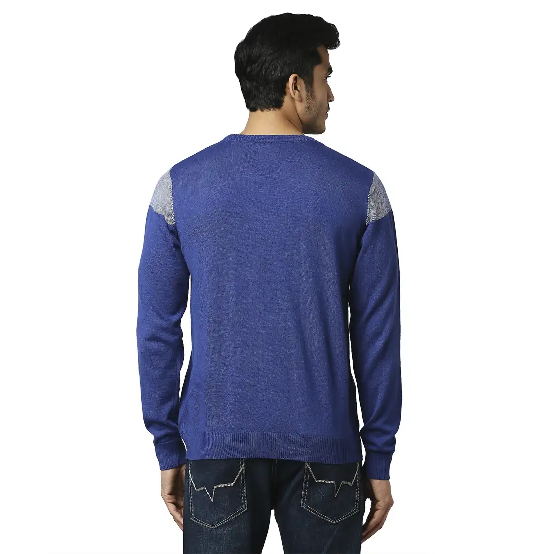 Men Blue Jacquard Acrylic Wool Blend Round Collar Sweaters - Image 4