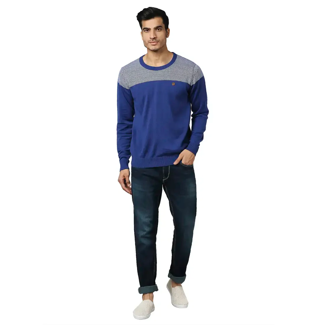 Men Blue Jacquard Acrylic Wool Blend Round Collar Sweaters - Image 5
