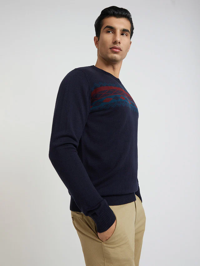 Men Blue Jacquard Acrylic Wool Blend Round Collar Sweaters - Image 2