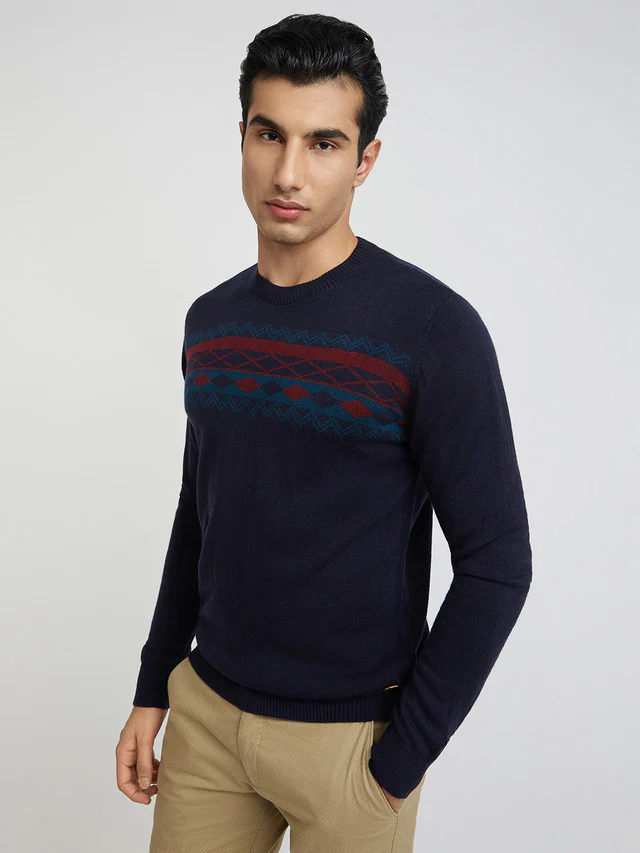 Men Blue Jacquard Acrylic Wool Blend Round Collar Sweaters - Image 3