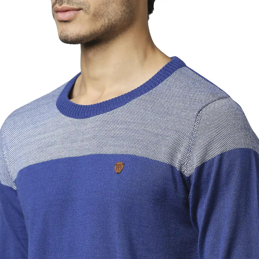 Men Blue Jacquard Acrylic Wool Blend Round Collar Sweaters - Image 6