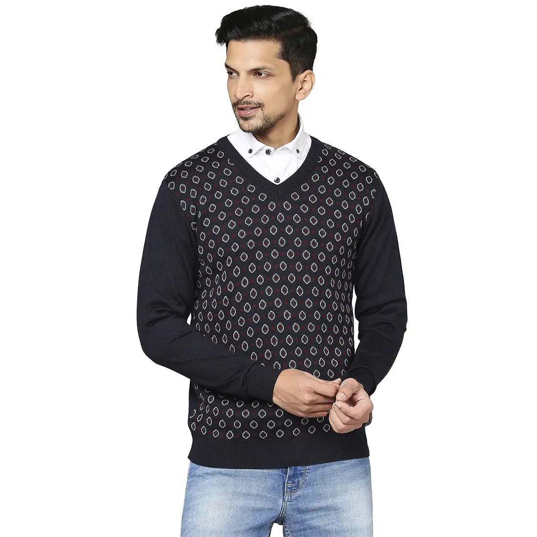 Men Blue Jacquard Wool Blend Full Sleeve V Neck Collar Sweaters