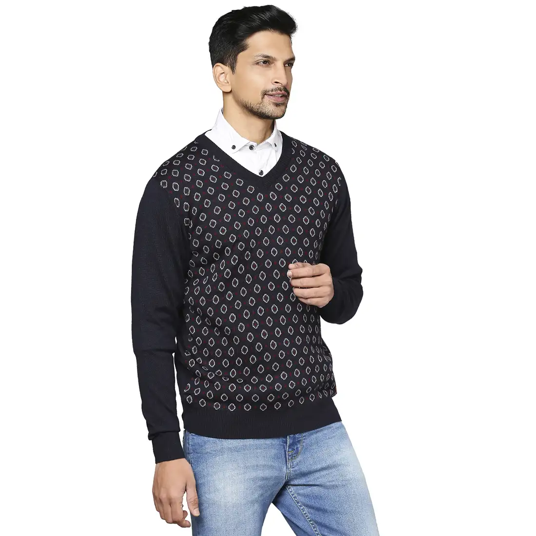 Men Blue Jacquard Wool Blend Full Sleeve V Neck Collar Sweaters - Image 2