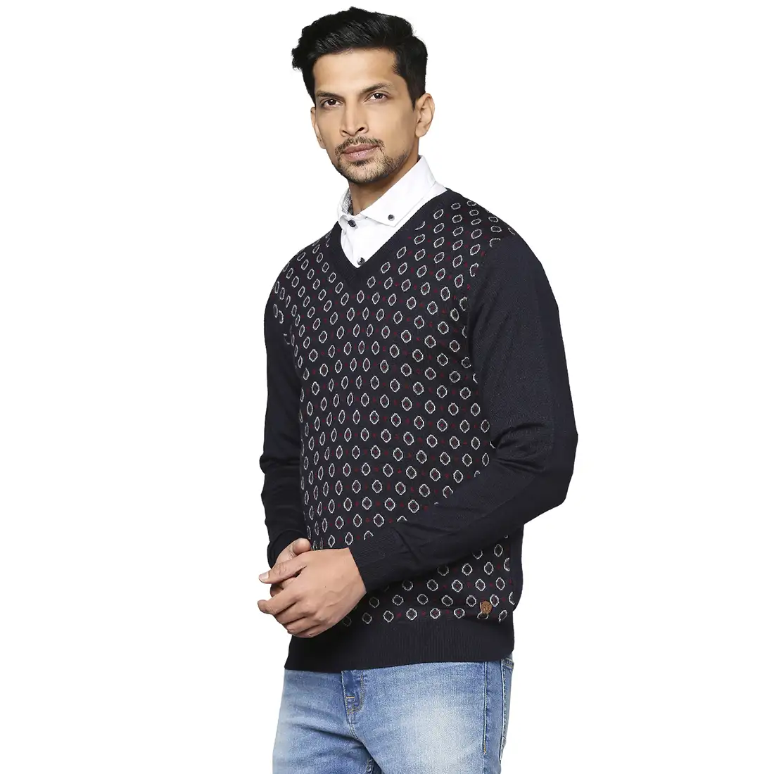 Men Blue Jacquard Wool Blend Full Sleeve V Neck Collar Sweaters - Image 3