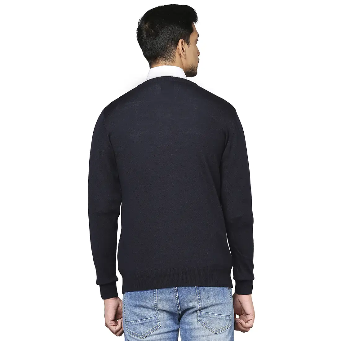 Men Blue Jacquard Wool Blend Full Sleeve V Neck Collar Sweaters - Image 4