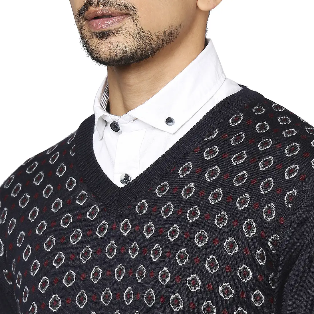Men Blue Jacquard Wool Blend Full Sleeve V Neck Collar Sweaters - Image 6