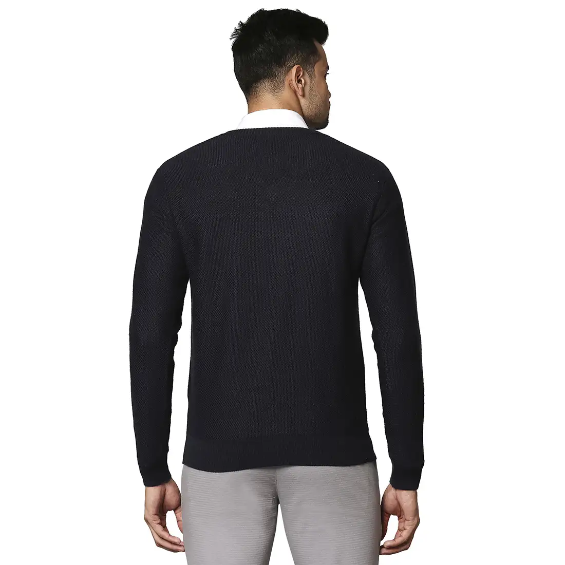 Men Blue Jacquard Wool Blend Full Sleeve V Neck Collar Sweaters - Image 4