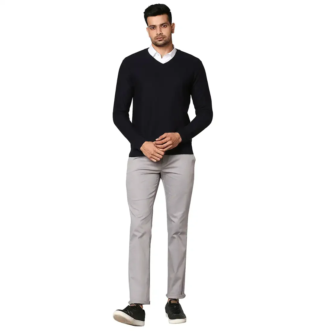 Men Blue Jacquard Wool Blend Full Sleeve V Neck Collar Sweaters - Image 5