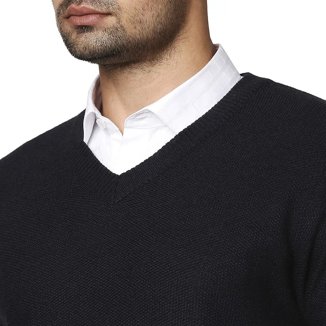 Men Blue Jacquard Wool Blend Full Sleeve V Neck Collar Sweaters - Image 6