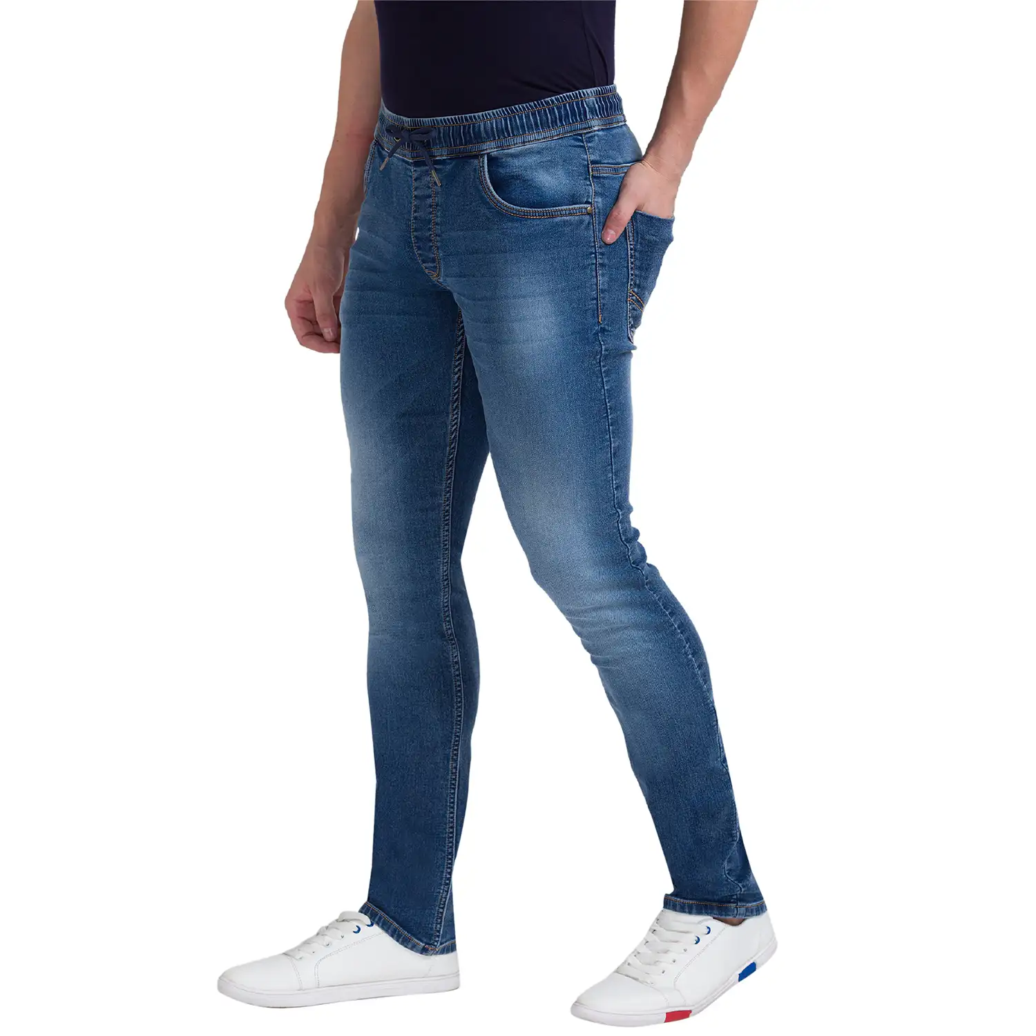 Men Blue Jogger Fit Dobby Cotton Blend Jeans - Image 2