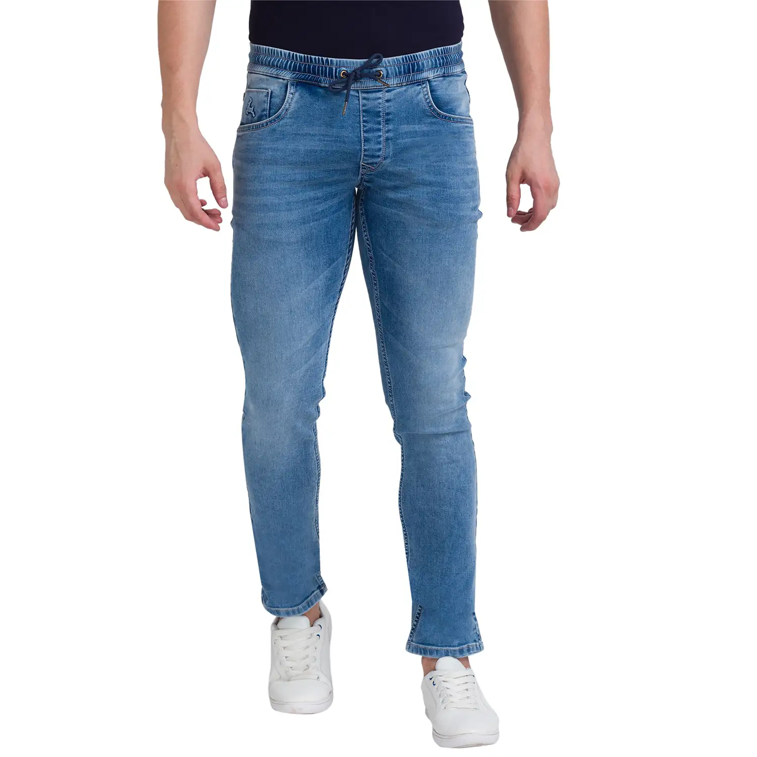 Men Blue Jogger Fit Dobby Cotton Blend Jeans