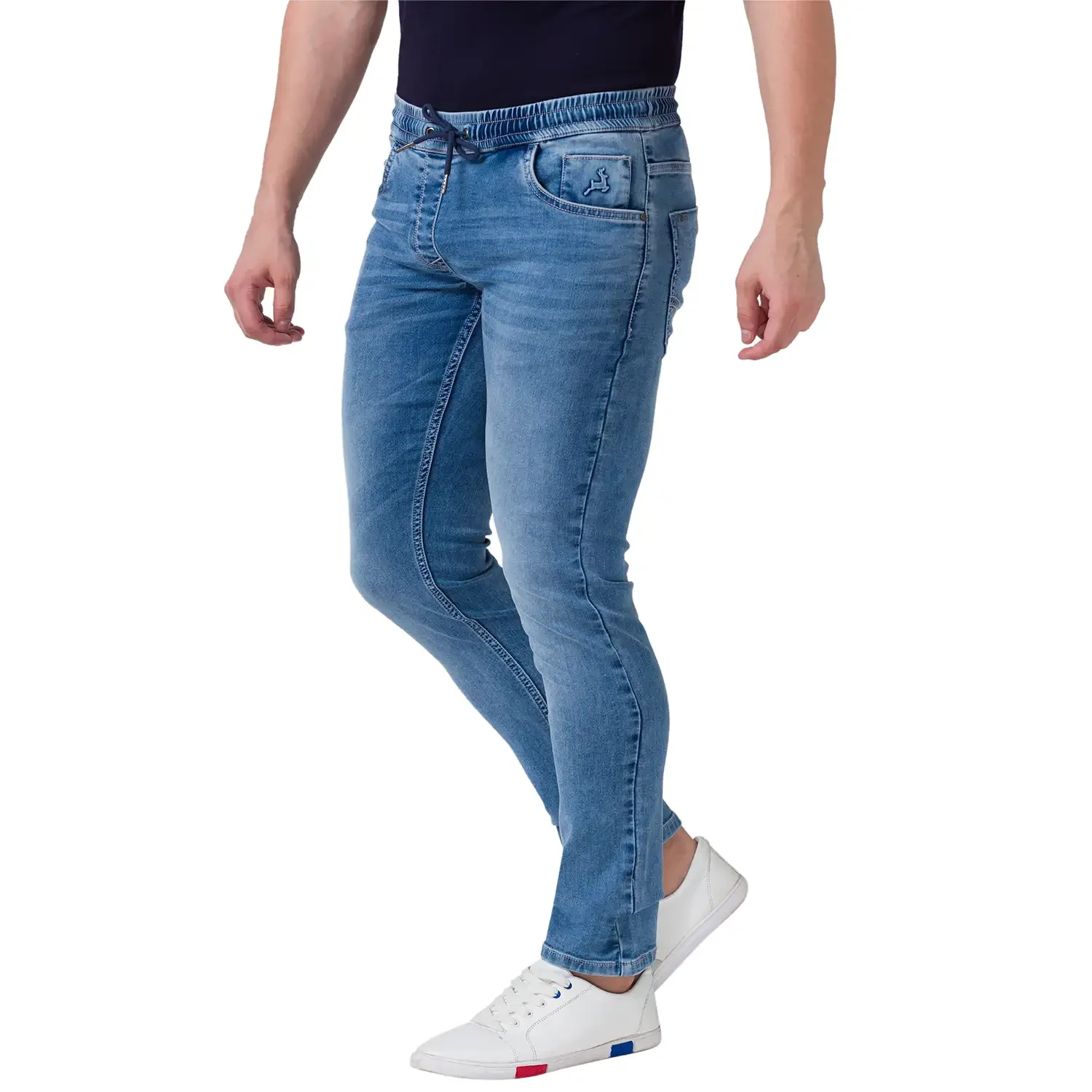 Men Blue Jogger Fit Dobby Cotton Blend Jeans - Image 2