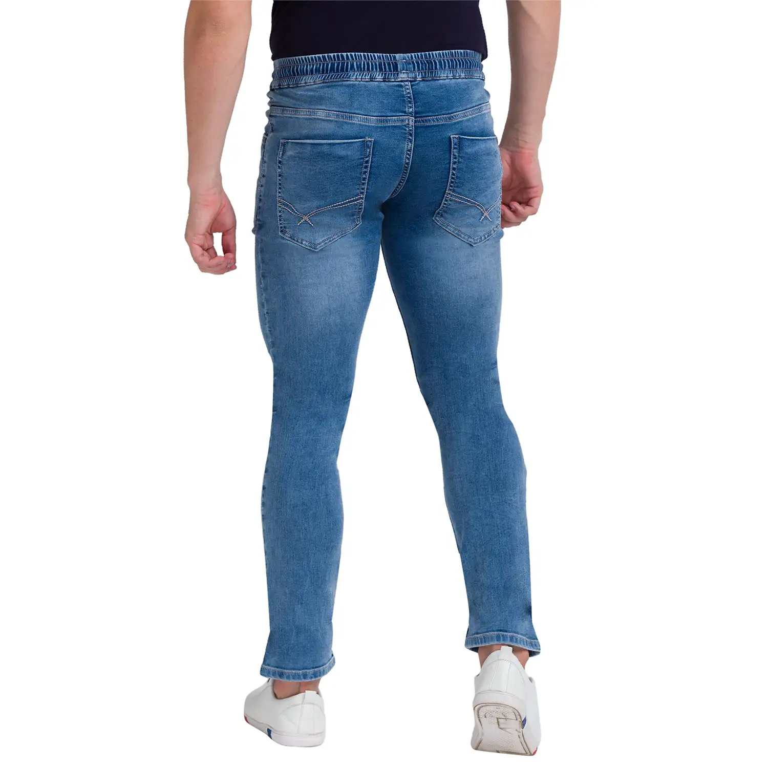 Men Blue Jogger Fit Dobby Cotton Blend Jeans - Image 3