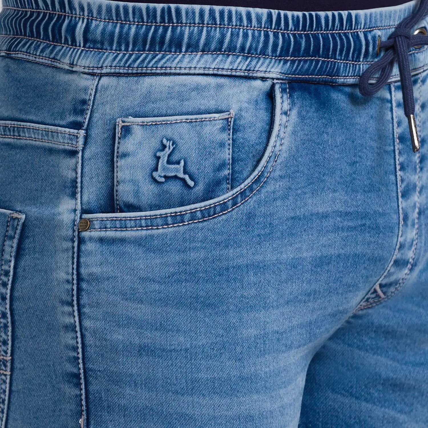Men Blue Jogger Fit Dobby Cotton Blend Jeans - Image 5