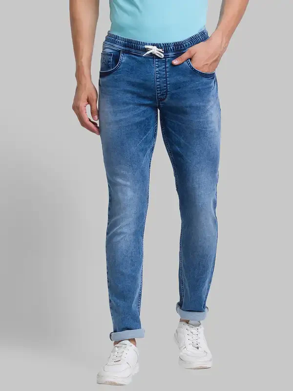 Men Blue Jogger Fit Jacquard Cotton Blend Jeans