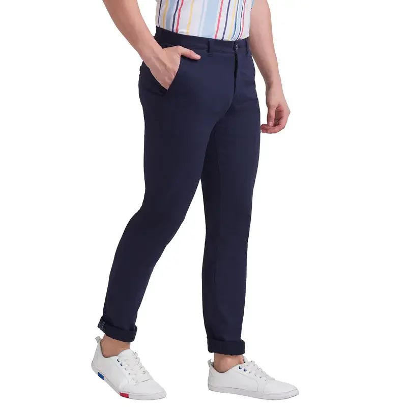Men Blue Low Rise Tapered Fit Print Cotton Blend Trouser - Image 3