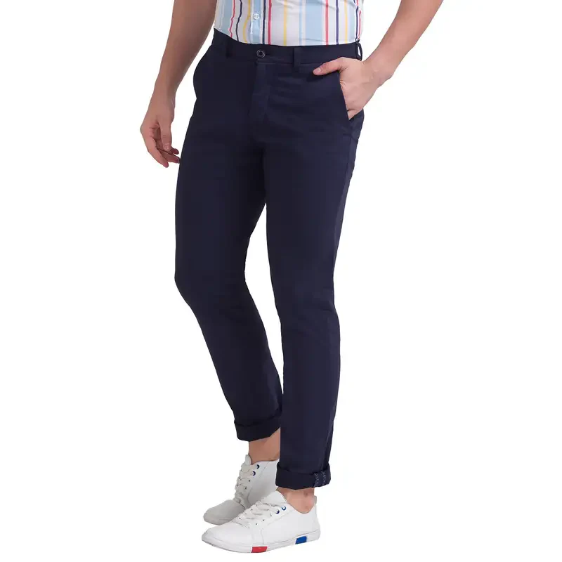 Men Blue Low Rise Tapered Fit Print Cotton Blend Trouser - Image 4