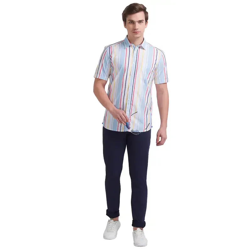 Men Blue Low Rise Tapered Fit Print Cotton Blend Trouser - Image 6