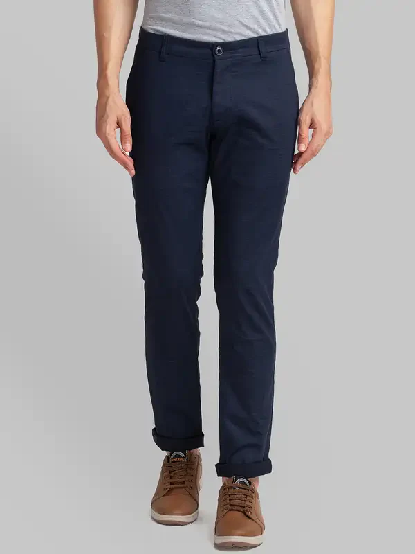 Men Blue Low Rise Tapered Fit Print Cotton Blend Trouser
