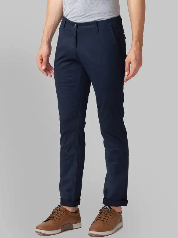 Men Blue Low Rise Tapered Fit Print Cotton Blend Trouser - Image 3