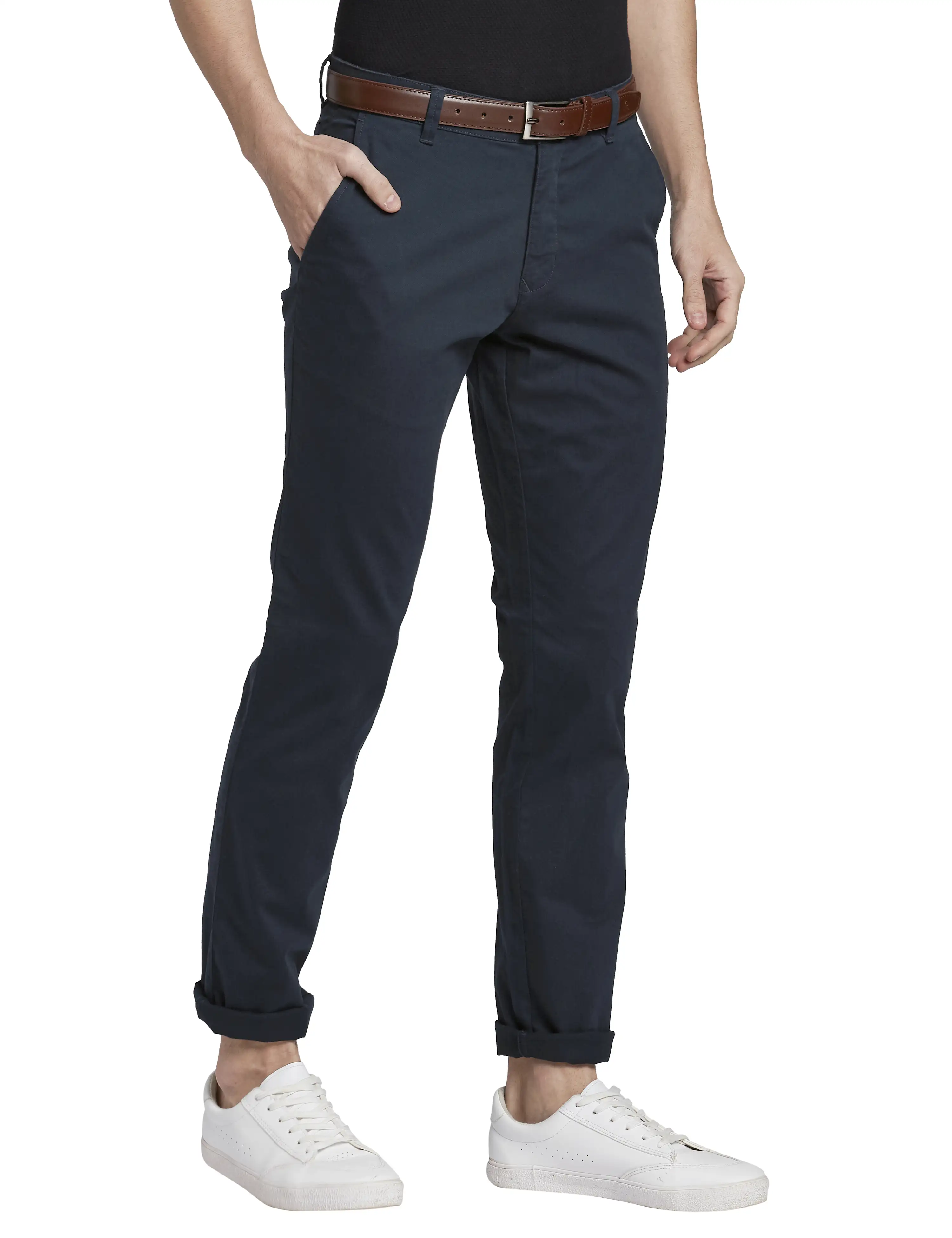 Men Blue Low Rise Tapered Fit Solid Cotton Blend Trouser - Image 2
