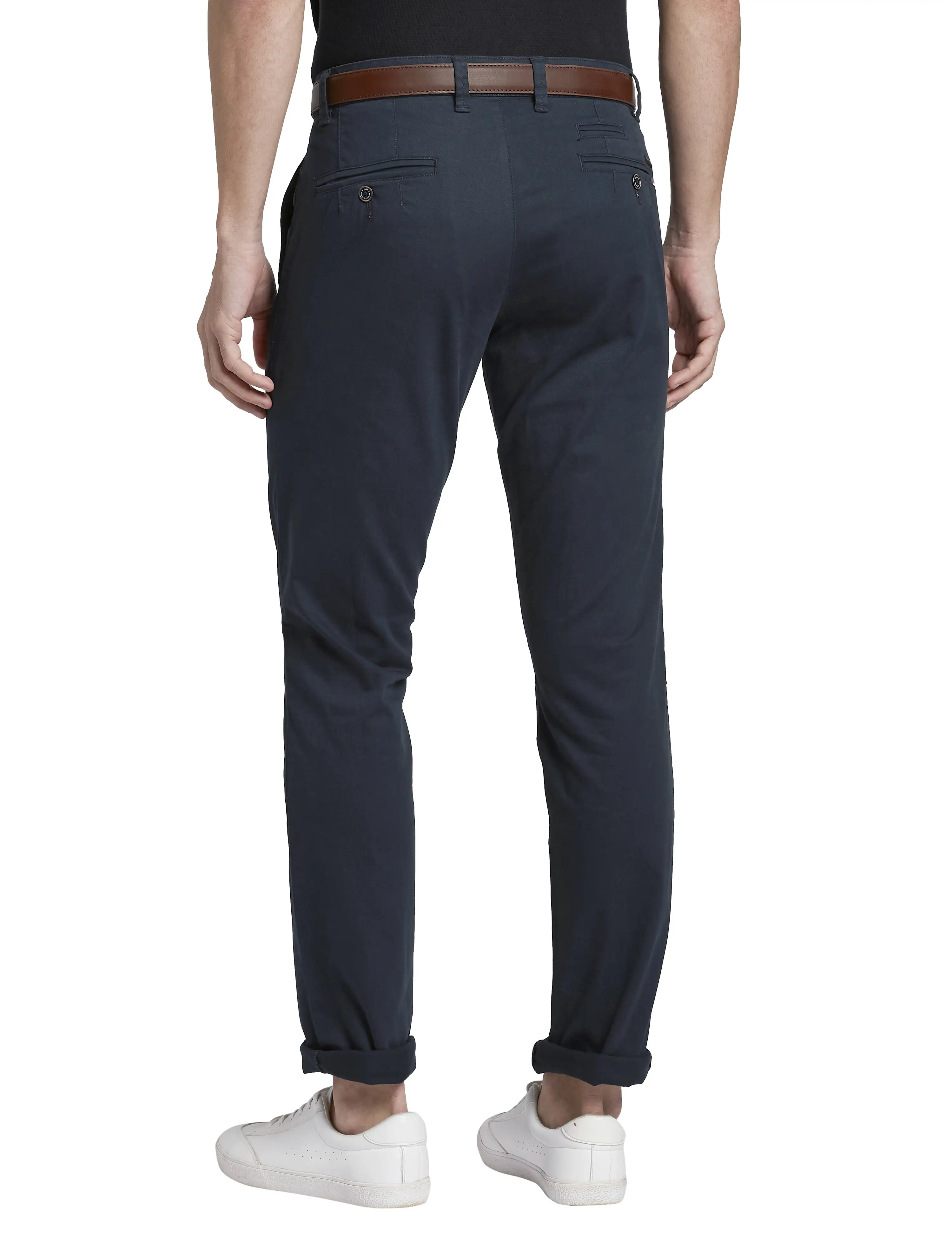 Men Blue Low Rise Tapered Fit Solid Cotton Blend Trouser - Image 4