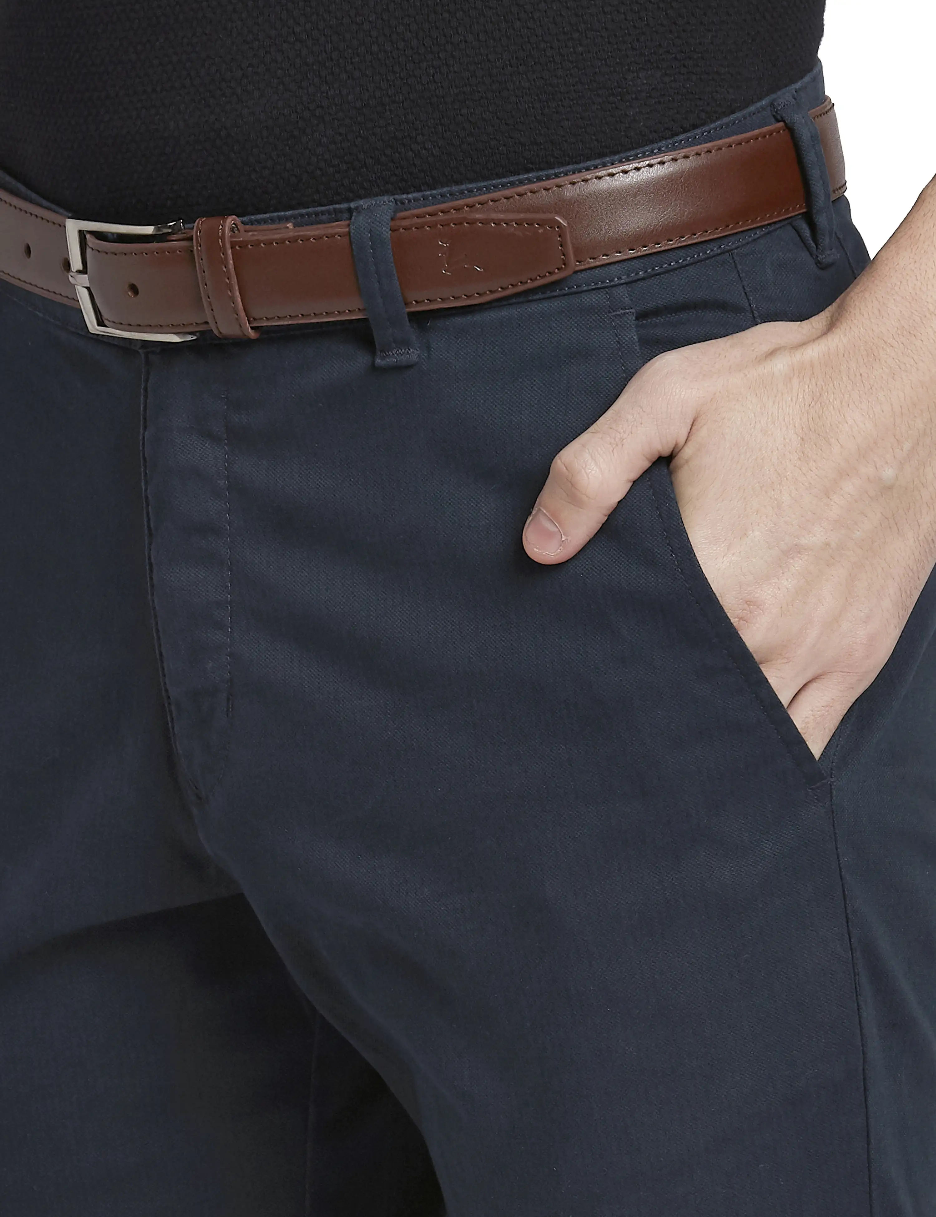 Men Blue Low Rise Tapered Fit Solid Cotton Blend Trouser - Image 6