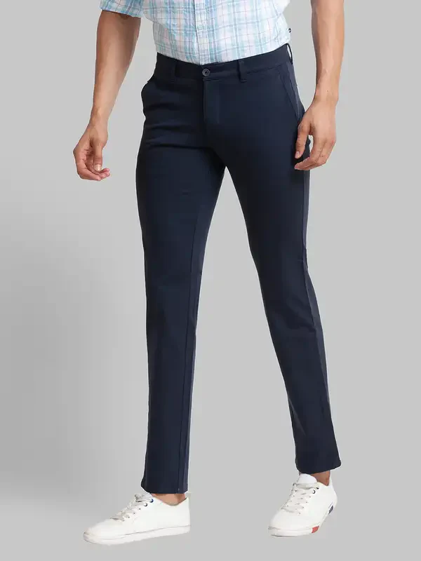Men Blue Lrt Fit Solid Cotton Blend Trouser - Image 3