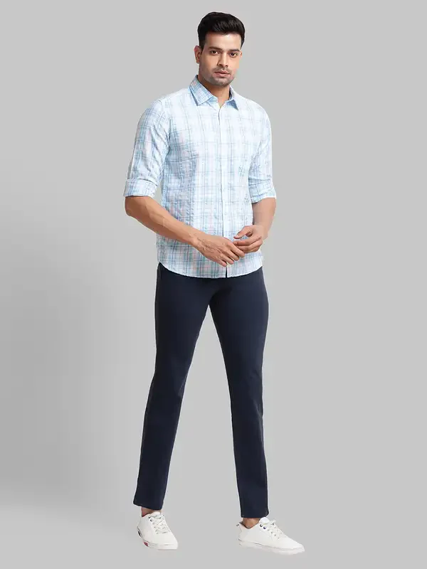 Men Blue Lrt Fit Solid Cotton Blend Trouser - Image 5