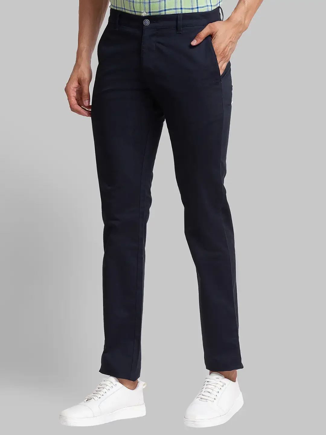 Men Blue Lrt Fit Solid Cotton Blend Trouser - Image 3