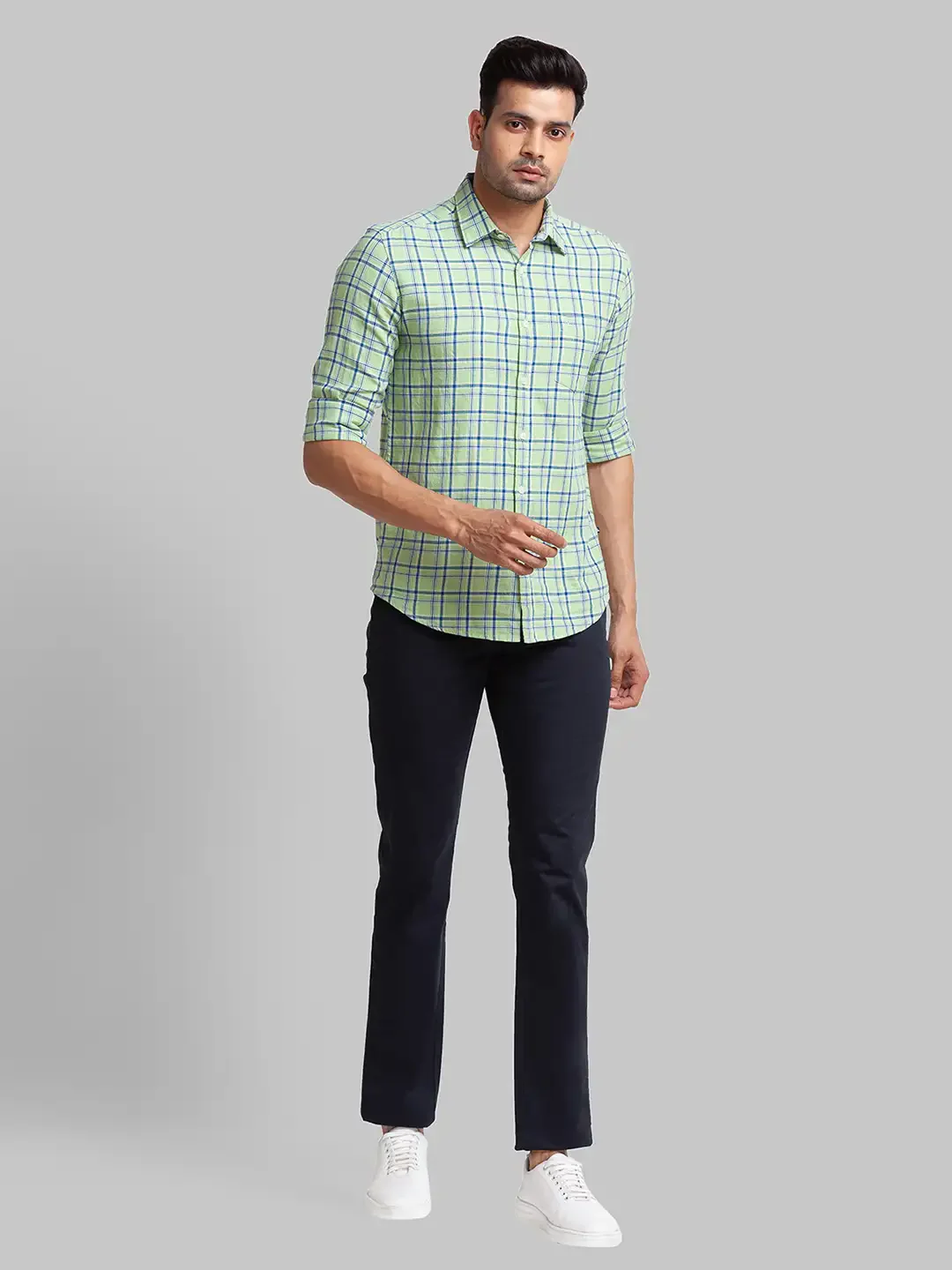 Men Blue Lrt Fit Solid Cotton Blend Trouser - Image 5