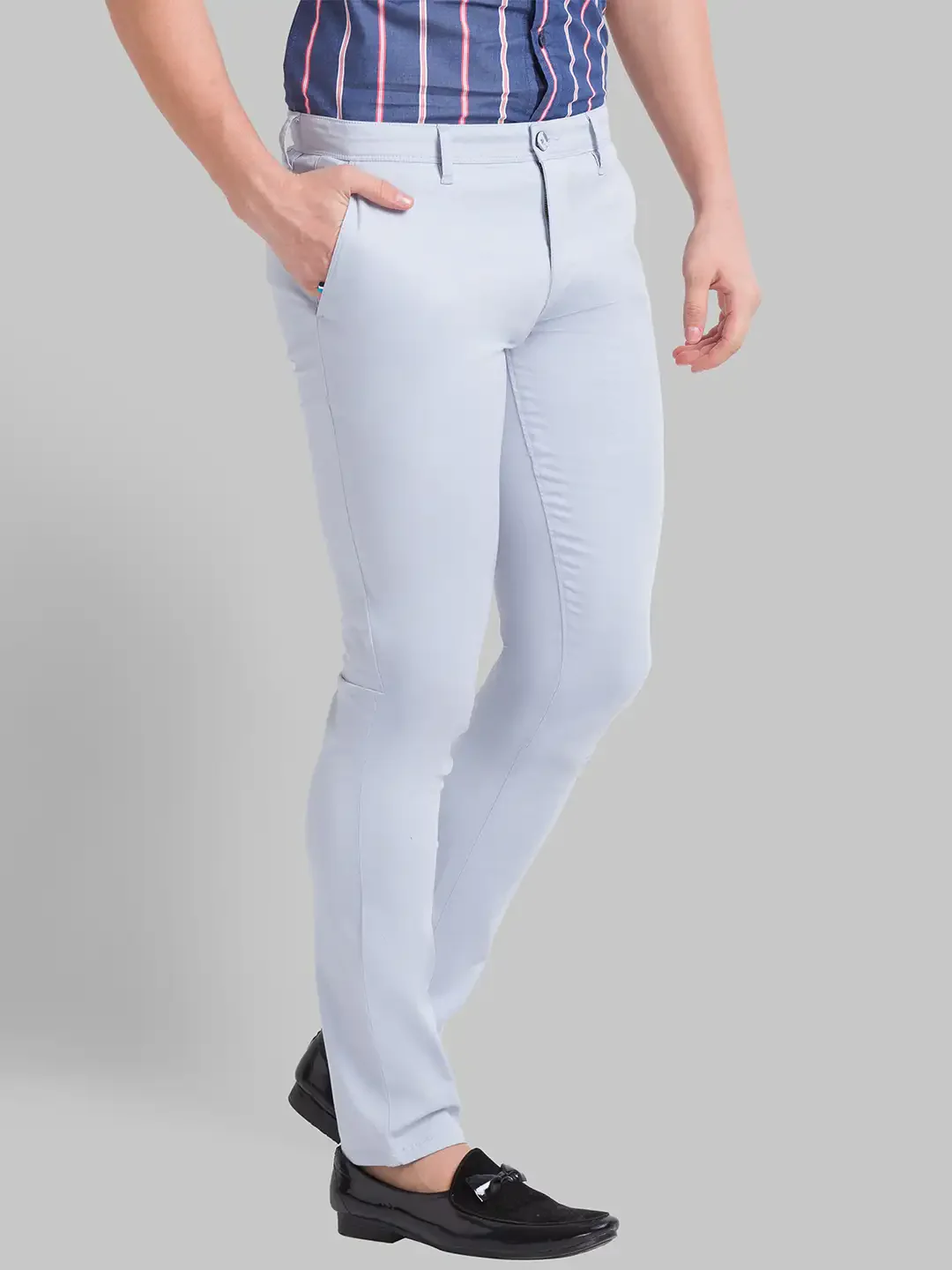 Men Blue Lrt Fit Solid Cotton Blend Trouser - Image 2