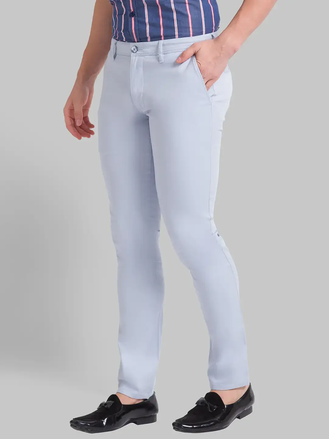 Men Blue Lrt Fit Solid Cotton Blend Trouser - Image 3