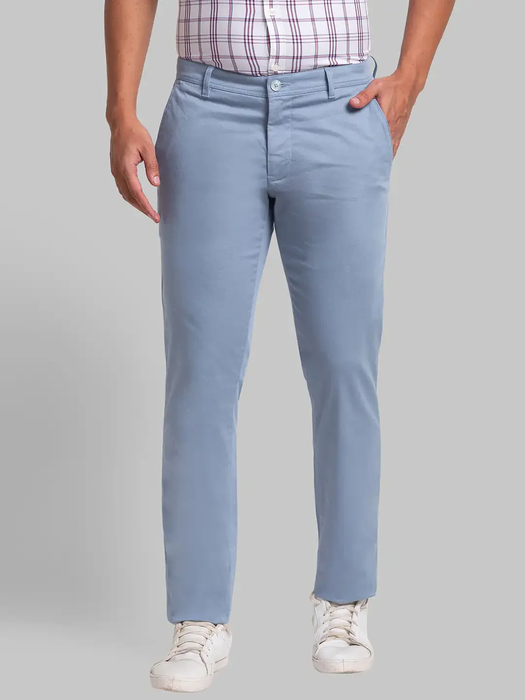 Men Blue Lrt Fit Solid Cotton Blend Trouser