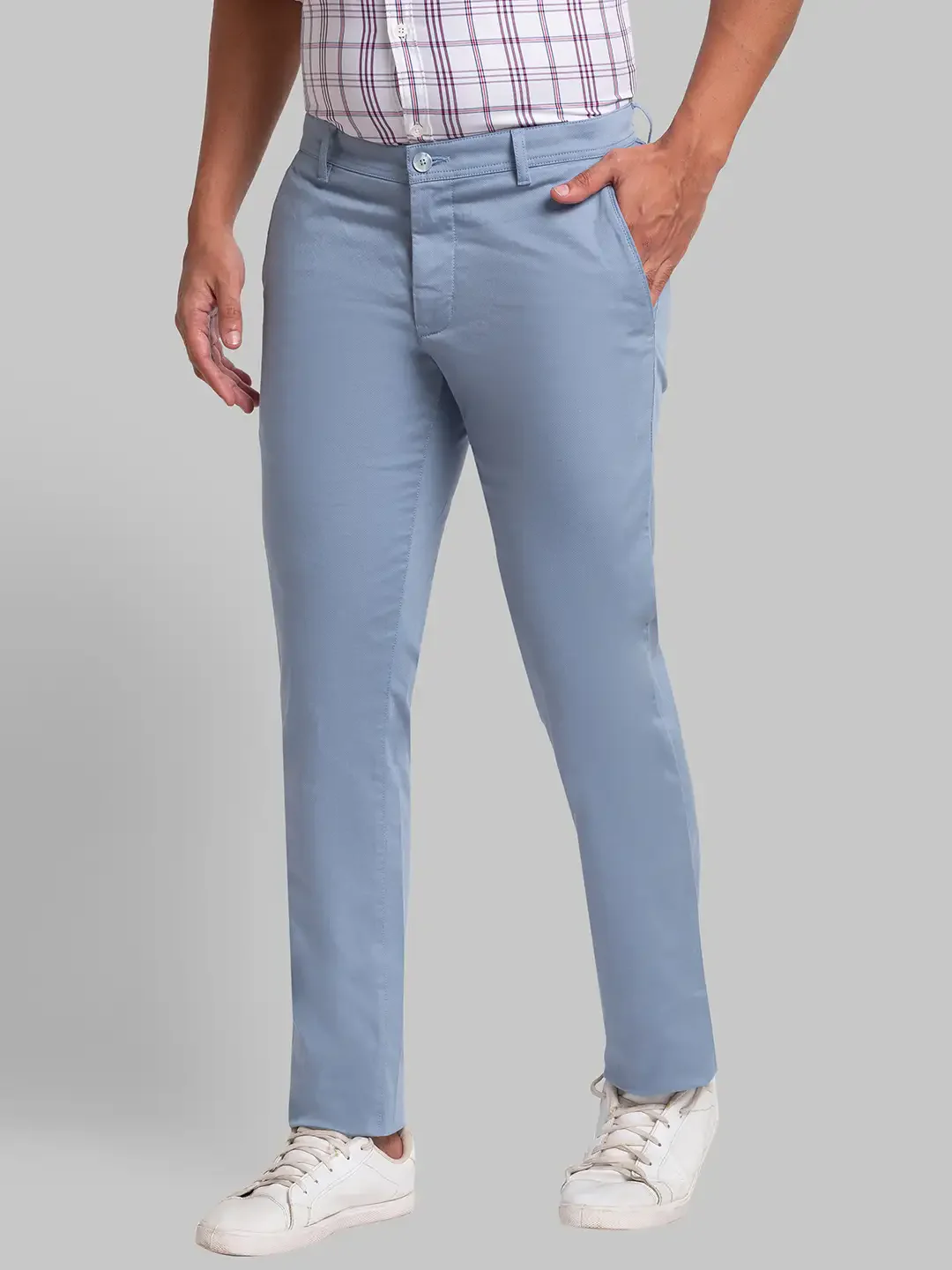 Men Blue Lrt Fit Solid Cotton Blend Trouser - Image 3