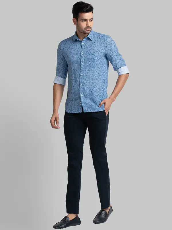 Men Blue Lrt Fit Solid Cotton Blend Trouser - Image 5