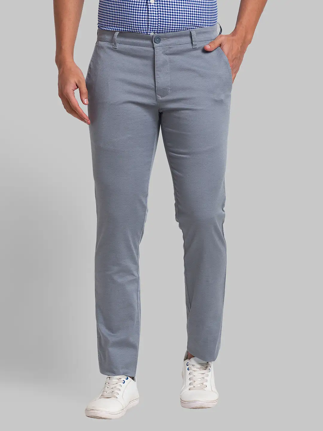 Men Blue Lrt Fit Solid Cotton Blend Trouser