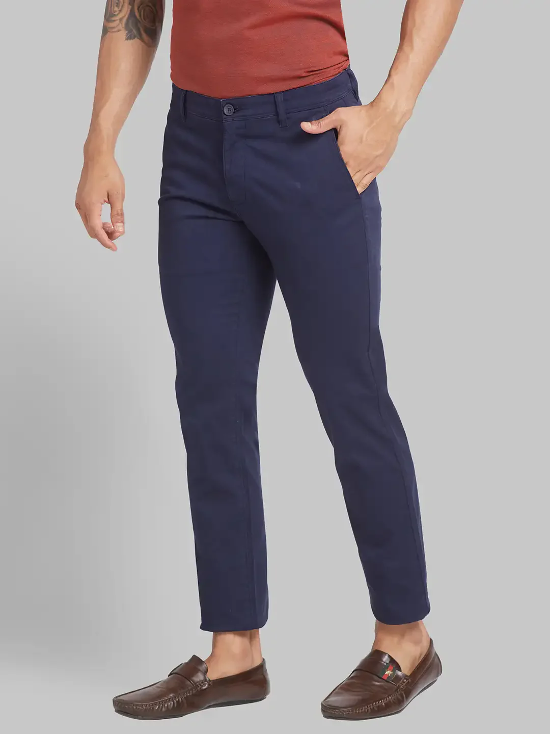 Parx Men Blue Low Rise Tapered Fit Solid Cotton Blend Trouser - Image 3