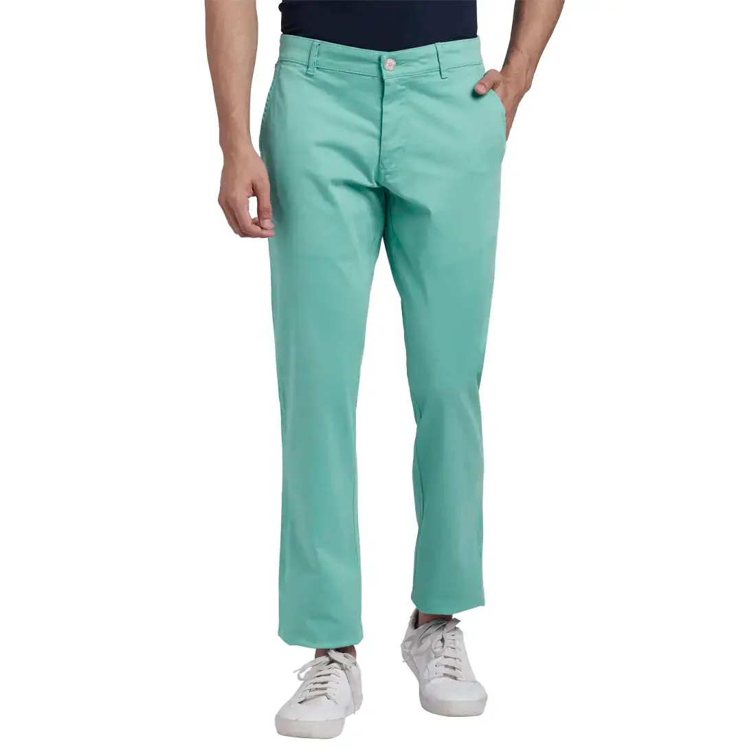 Men Blue Lrt Fit Solid Cotton Blend Trouser