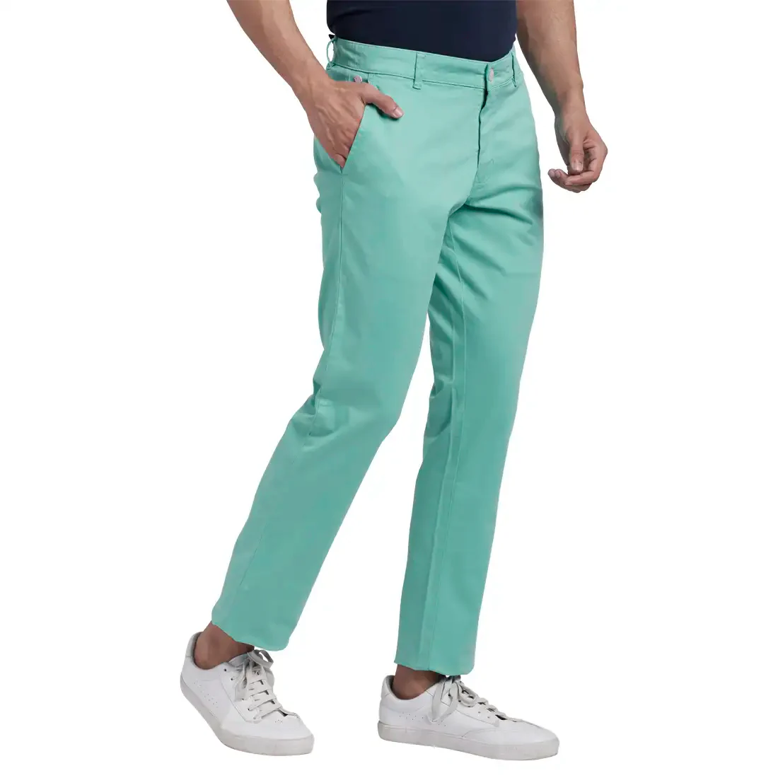 Men Blue Lrt Fit Solid Cotton Blend Trouser - Image 2