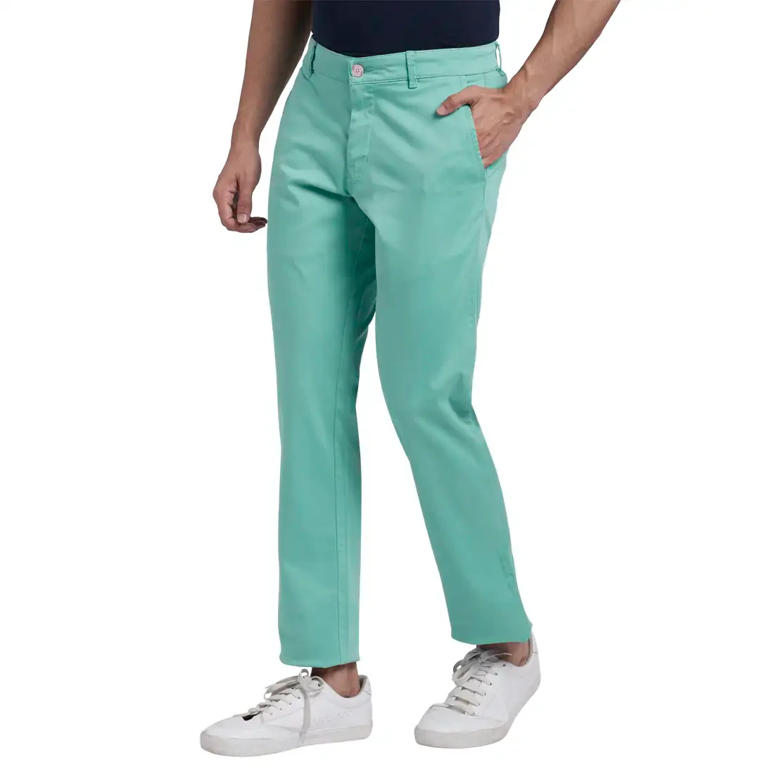 Men Blue Lrt Fit Solid Cotton Blend Trouser - Image 3