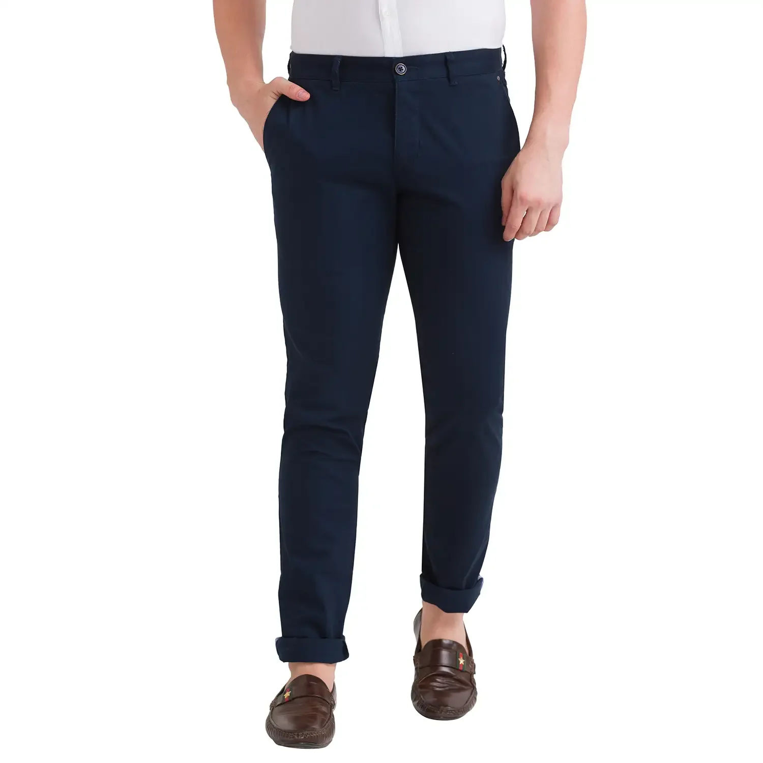 Men Blue Lrt Fit Solid Cotton Blend Trouser