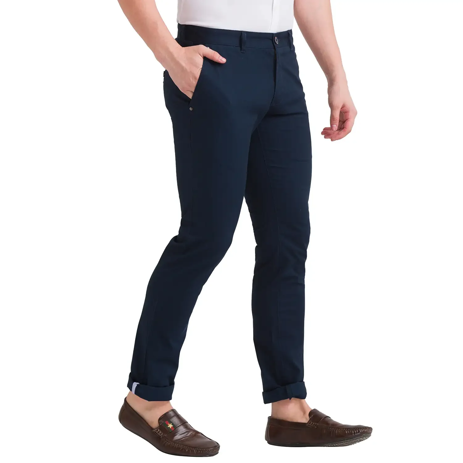 Men Blue Lrt Fit Solid Cotton Blend Trouser - Image 2