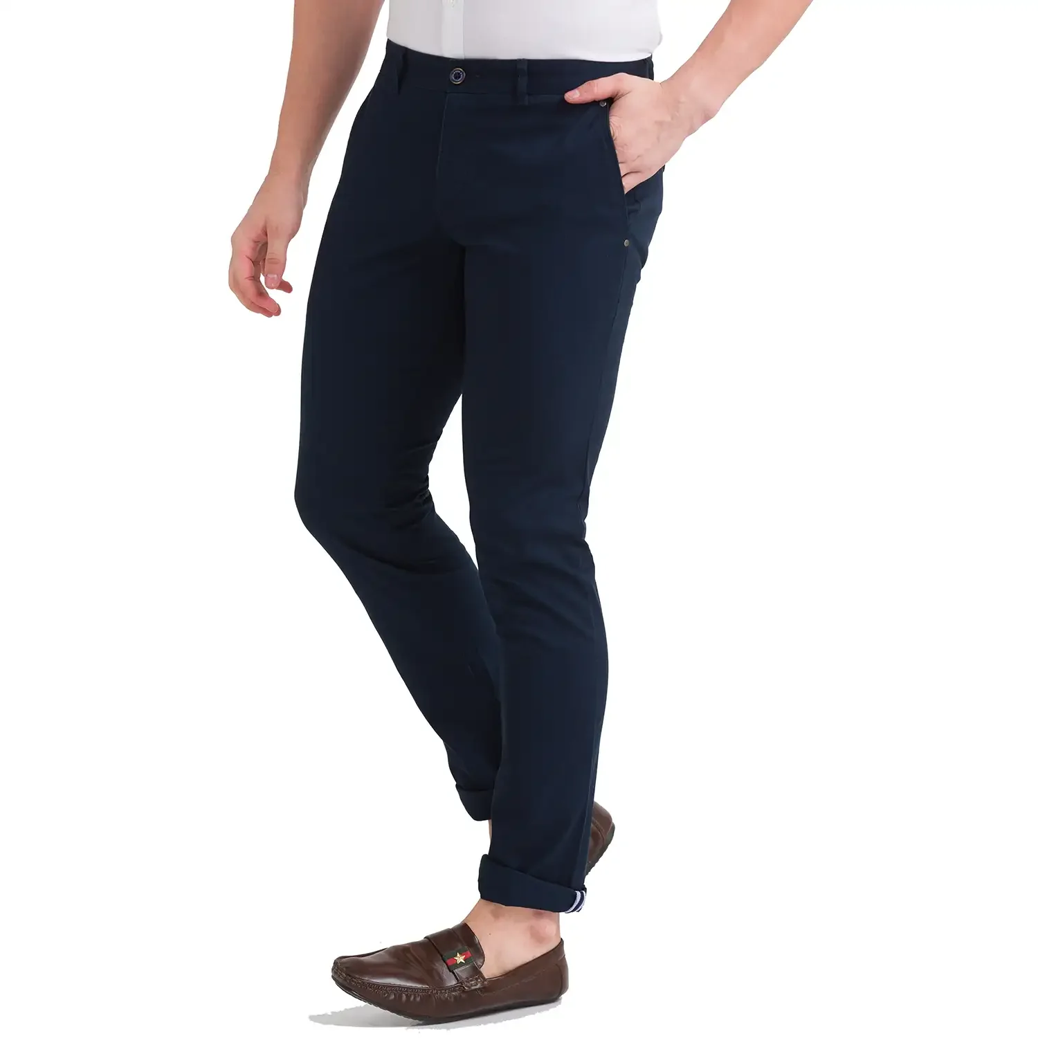 Men Blue Lrt Fit Solid Cotton Blend Trouser - Image 3