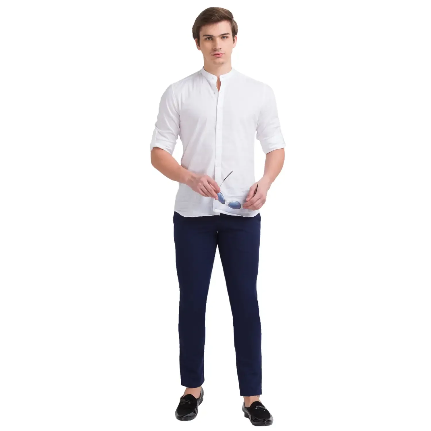 Men Blue Lrt Fit Solid Cotton Blend Trouser - Image 5