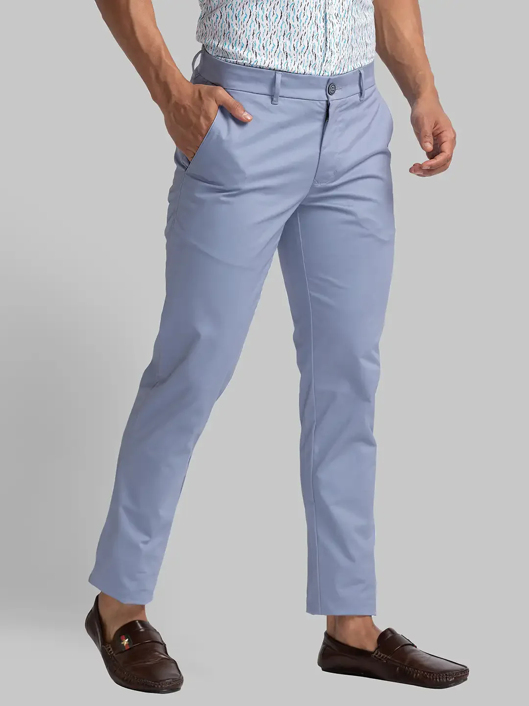 Men Blue Lrt Fit Solid Cotton Blend Trouser - Image 2