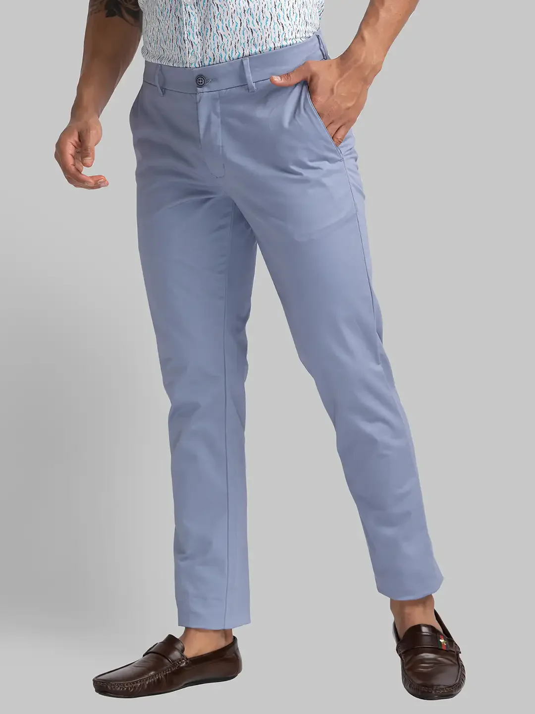Men Blue Lrt Fit Solid Cotton Blend Trouser - Image 3