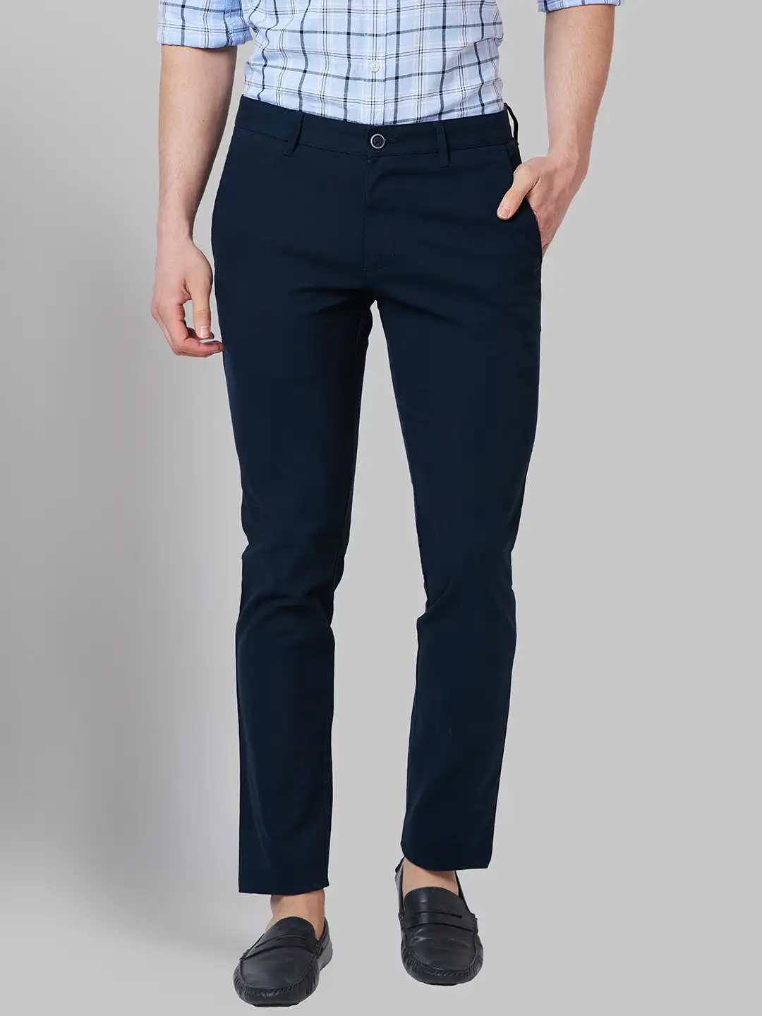 Men Blue Lrt Fit Solid Cotton Blend Trouser