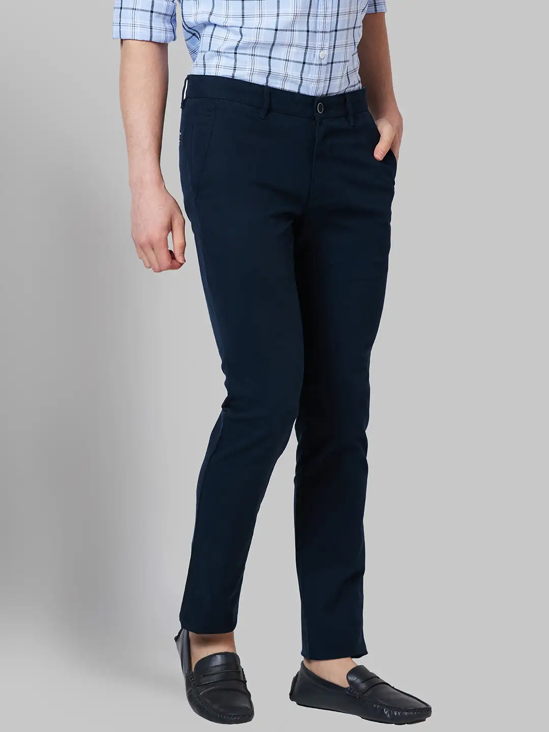 Men Blue Lrt Fit Solid Cotton Blend Trouser - Image 2