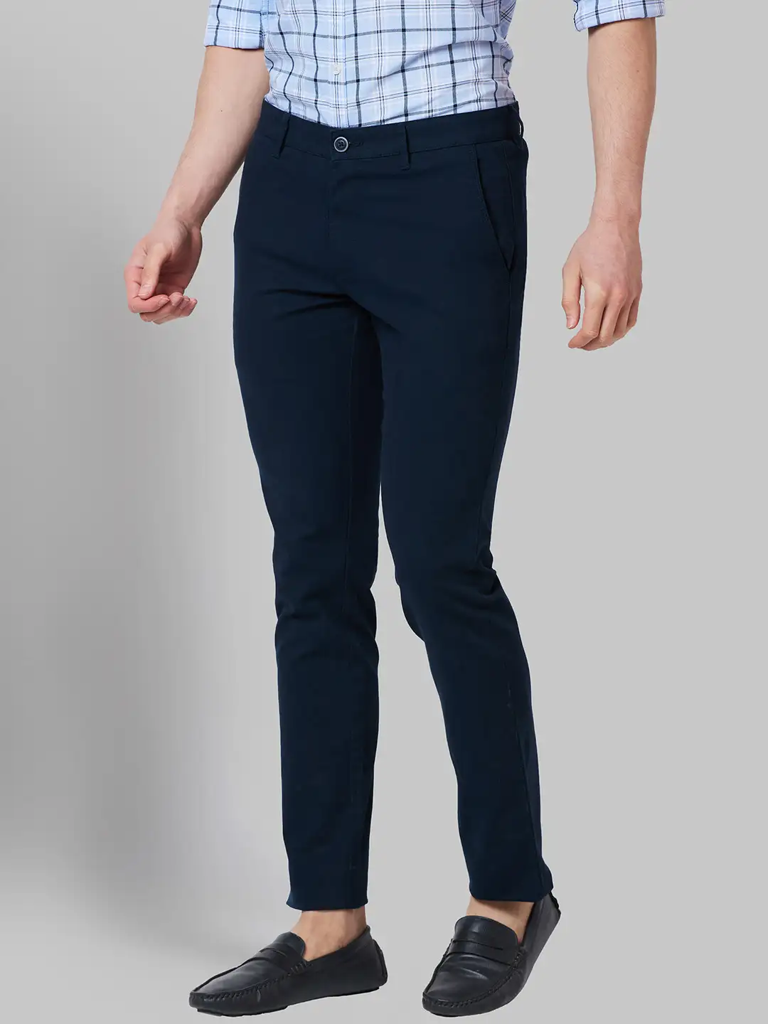 Men Blue Lrt Fit Solid Cotton Blend Trouser - Image 3